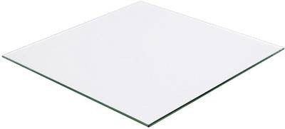 Szyba o wymiarach 350x350x4mm nakładana na stół roboczy drukarki 3D.